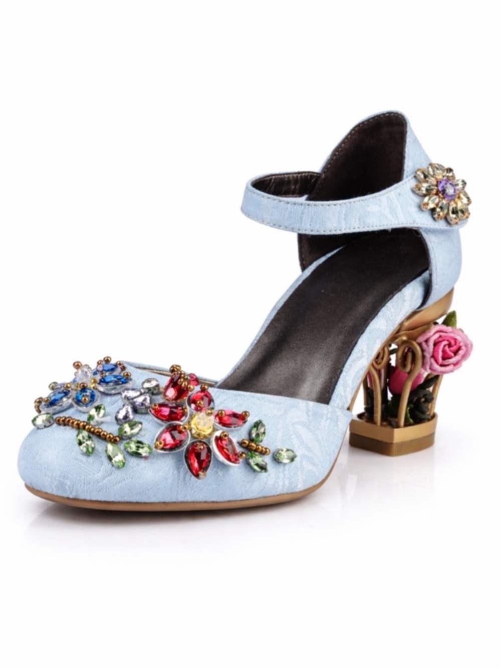 Handmade Blue Brocade Crystal Cage Shoes - Picture 3 of 9